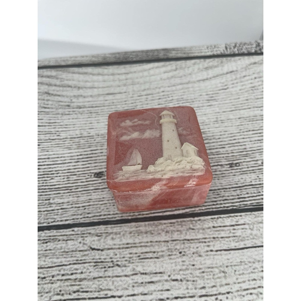 Vintage Small Mini INCOLAY BOX Stone‎ Pink Lighthouse Birds Boat